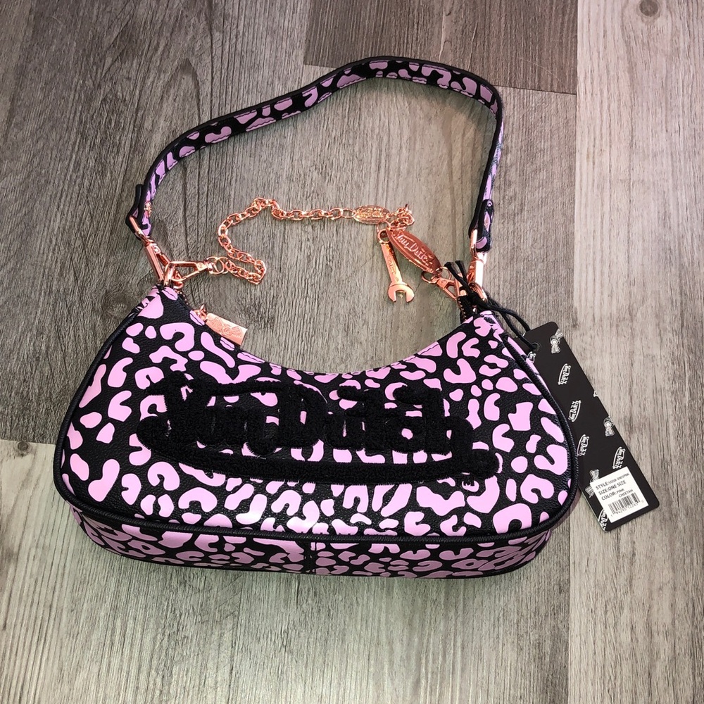 Von Dutch Pink Cheetah Print Shoulder Bag Black Logo & Rose Gold Chain NWT
